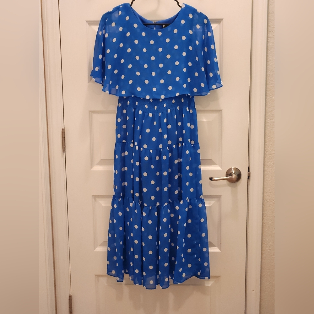 Maison Tara Blue Polka Dot Midi Dress Size 6 Cape Overlay Tiered